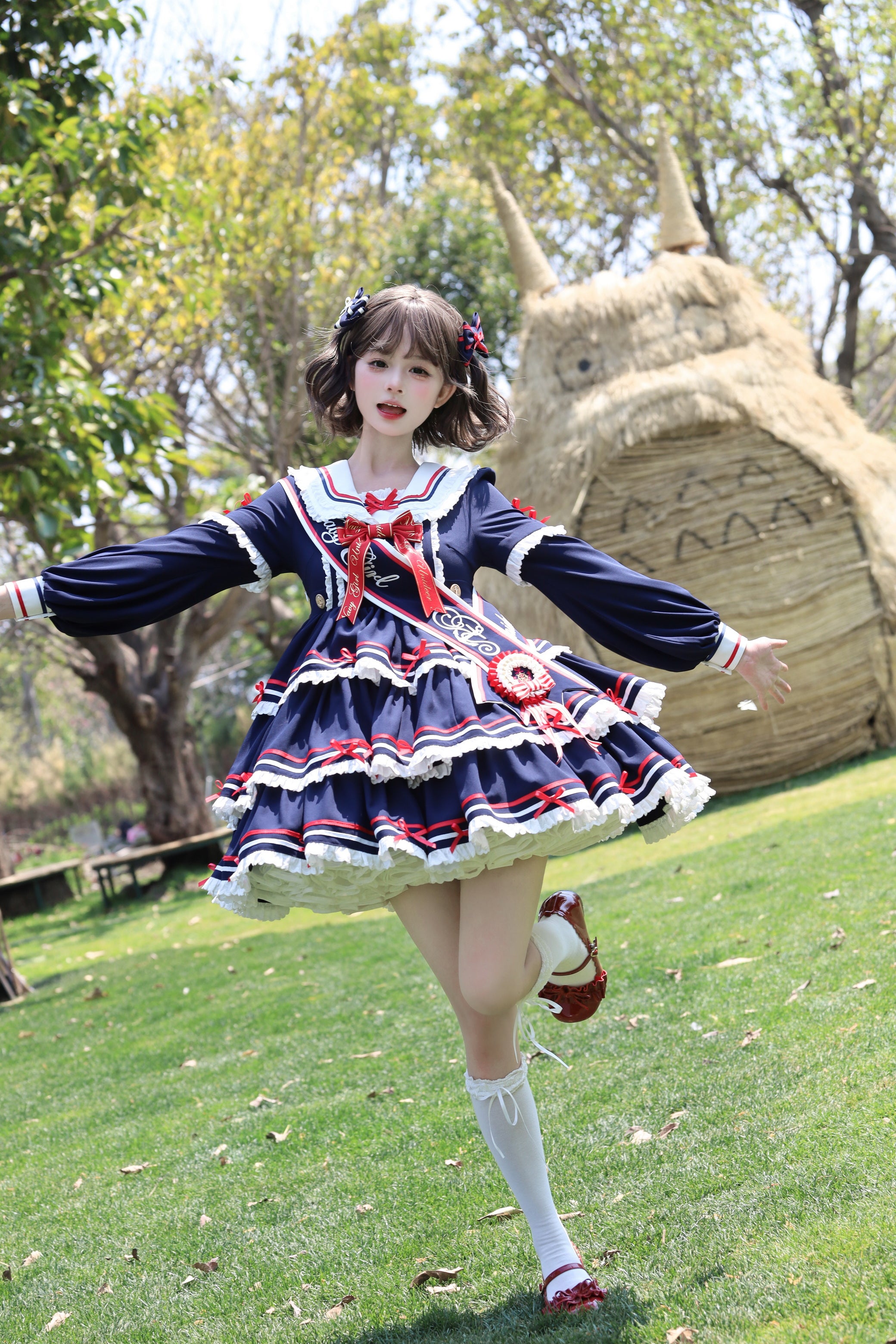 【受注予約4/28まで】セーラー襟と3段フリルの2wayマリンワンピース・ネイビー・ショート丈