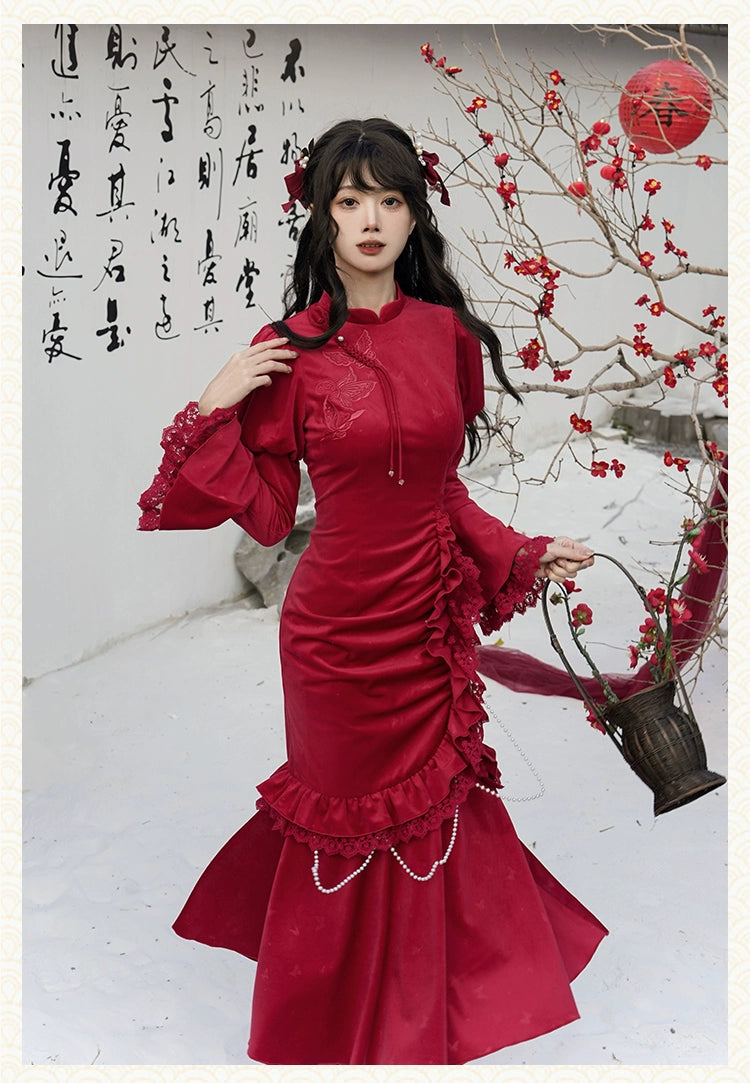 紅蝶 バタフライ刺繍のチャイナ風ドレス