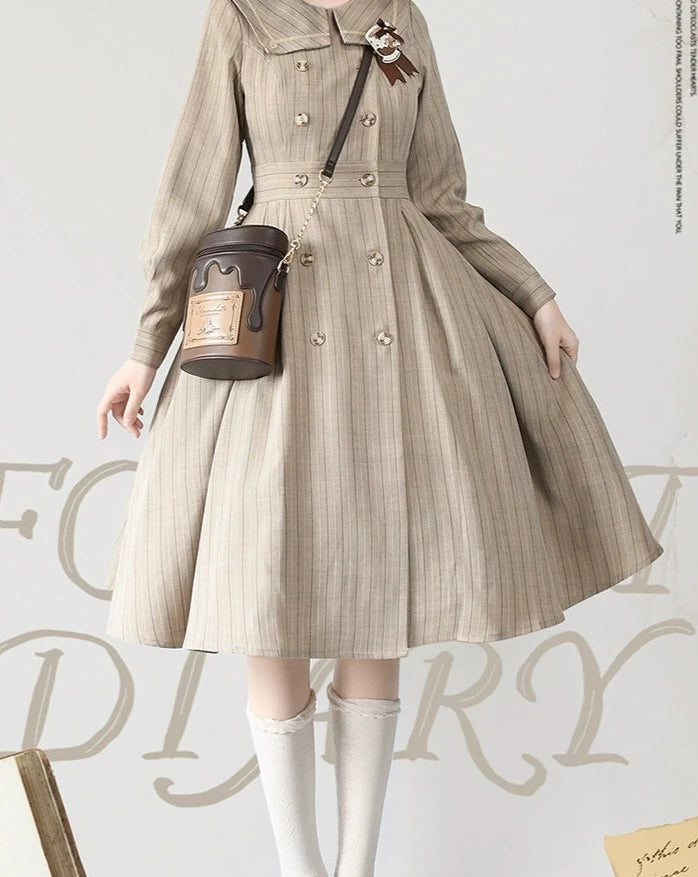 Forest Diary Striped Classical Coat Dress with Ribbon Headband