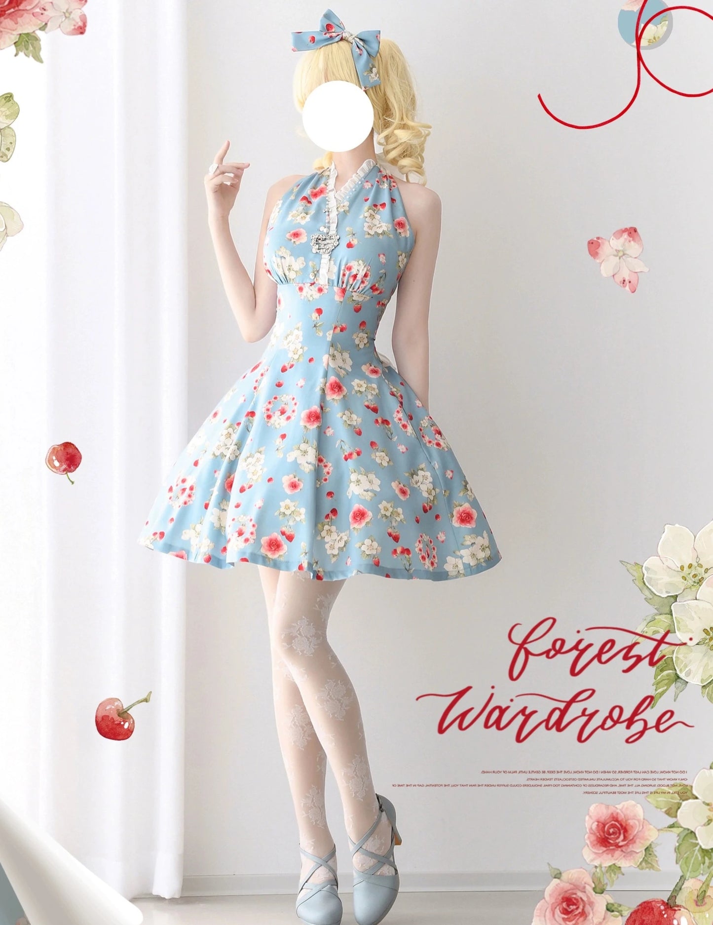 Early Summer Strawberry Picture Book Halter Neck Jumper Skirt with Ribbon Hair Accessory