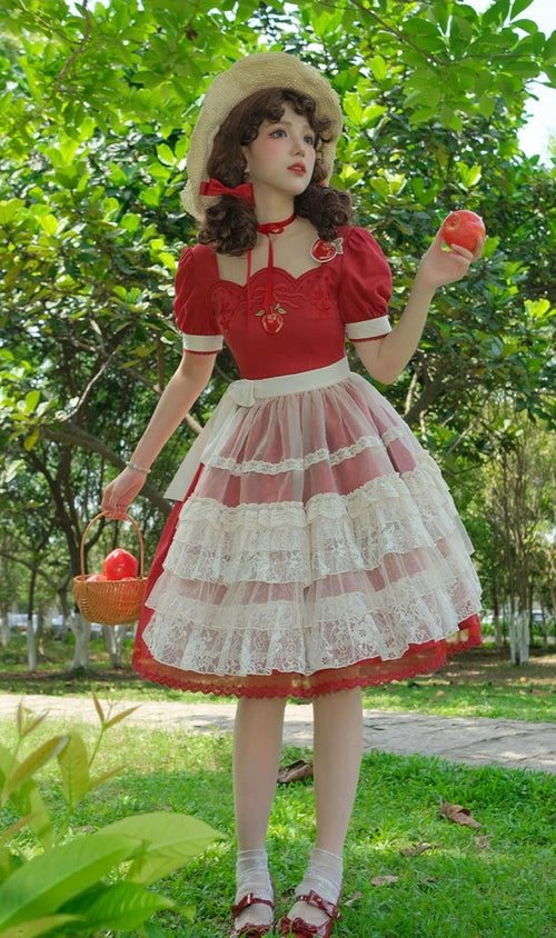 Apple Princess 林檎刺繍ワンピースとオーバースカート