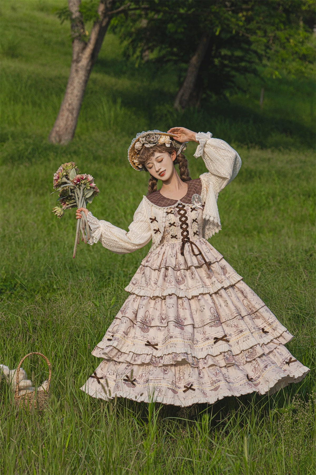 Flower Basket カントリー調ジャンパースカートとカーディガン