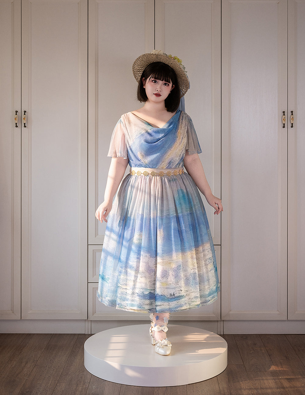 【予約販売】Elegance Greek 油彩画風プリントフレアスリーブジャンパースカート・新色