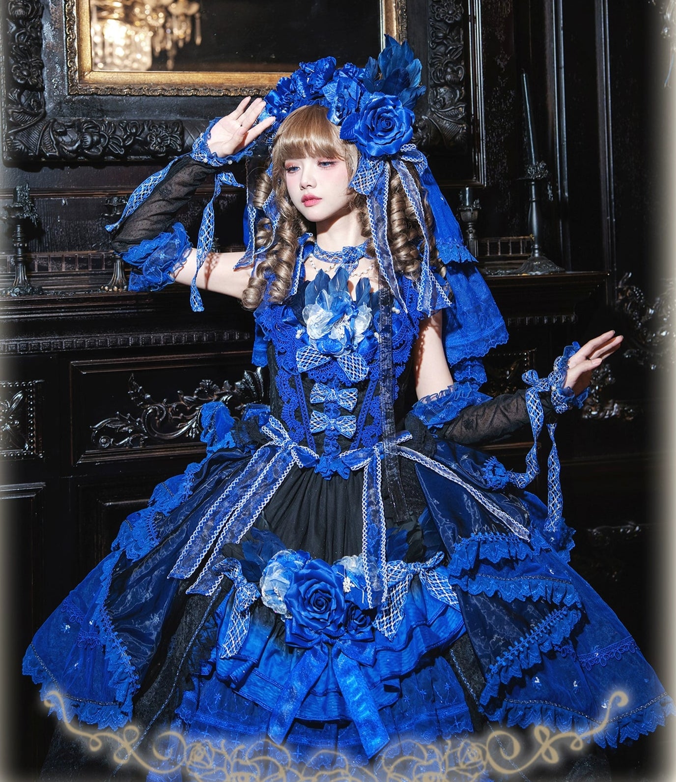 【受注予約8/13まで】Snow Rose Princess トレーン付きドレス・ブルー×ブラック（シルバー）