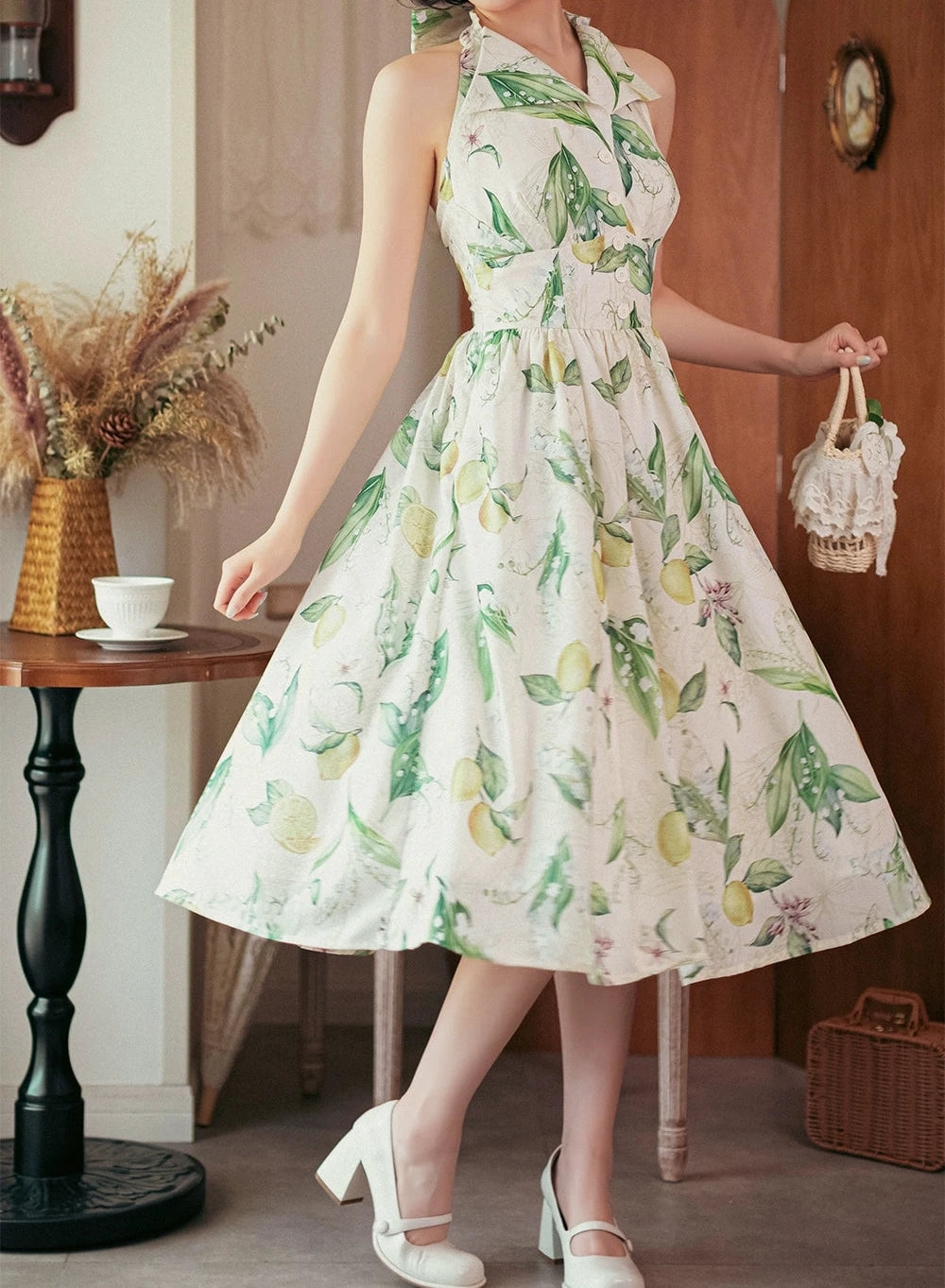 Afternoon Forest Retro Elegant Halter Neck Jumper Skirt with Hair Accessory