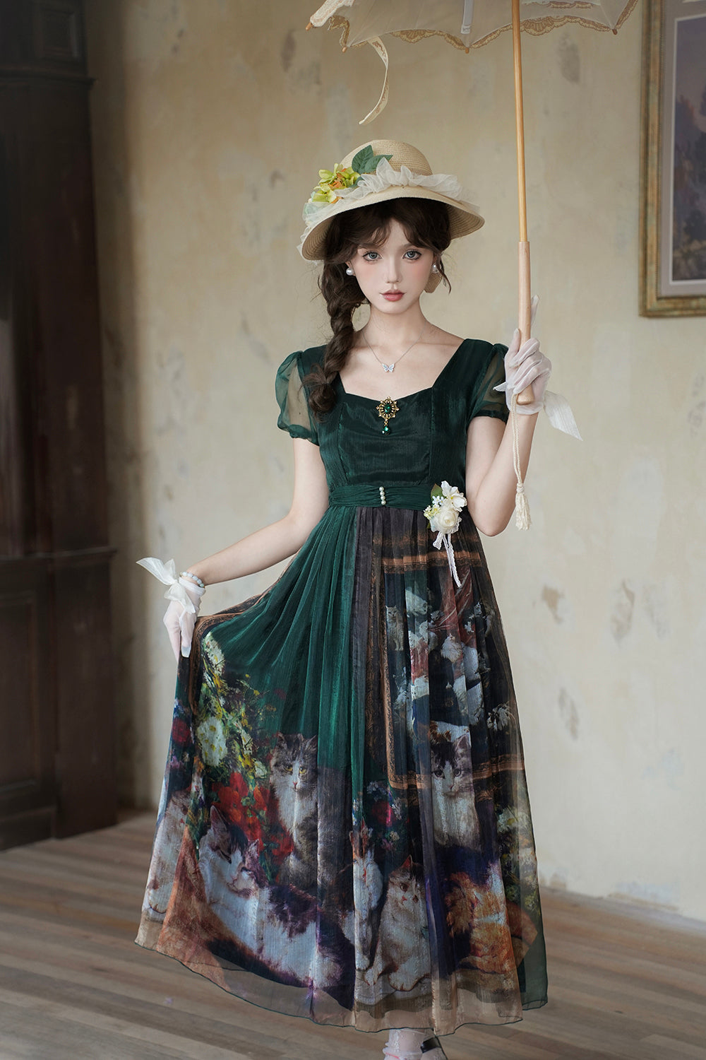 【予約販売】Elegance Greek 油彩画風プリントエンパイアワンピース・新色