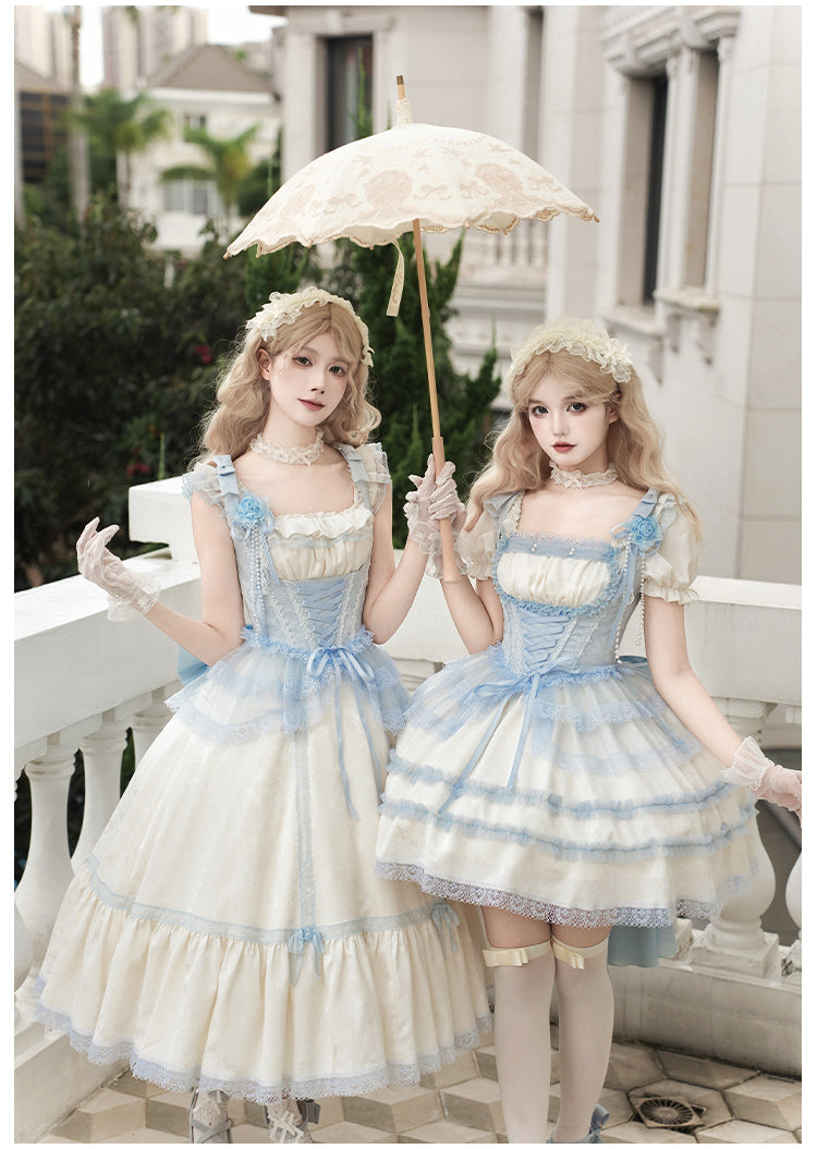 【予約販売】Sea Salt Iced Tea ライトブルージャガードワンピースセット・ショート丈