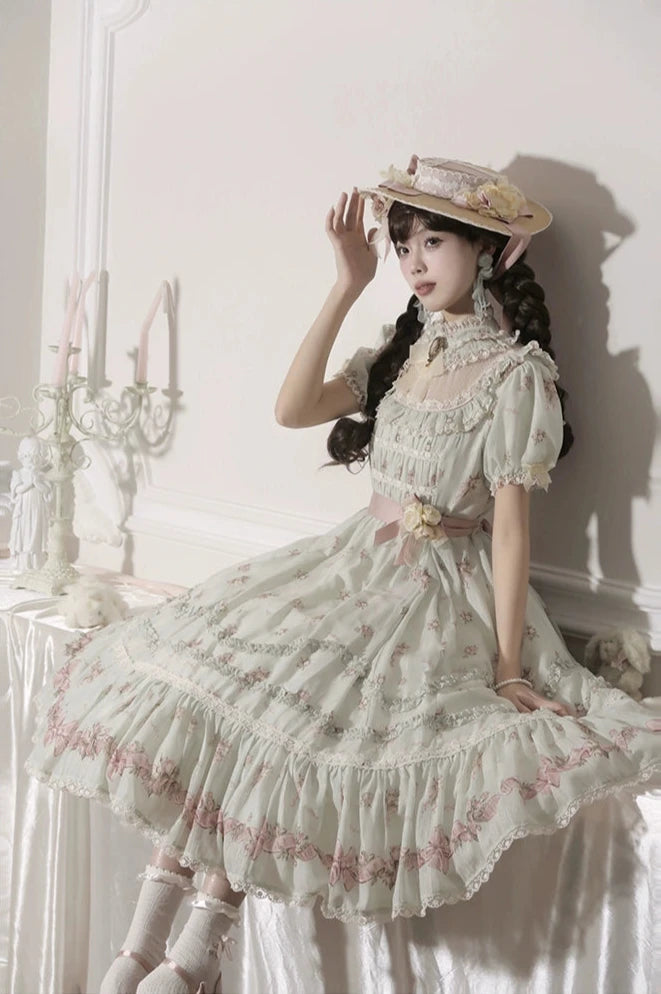 Roses Bouquet Stand Collar Frill Dress