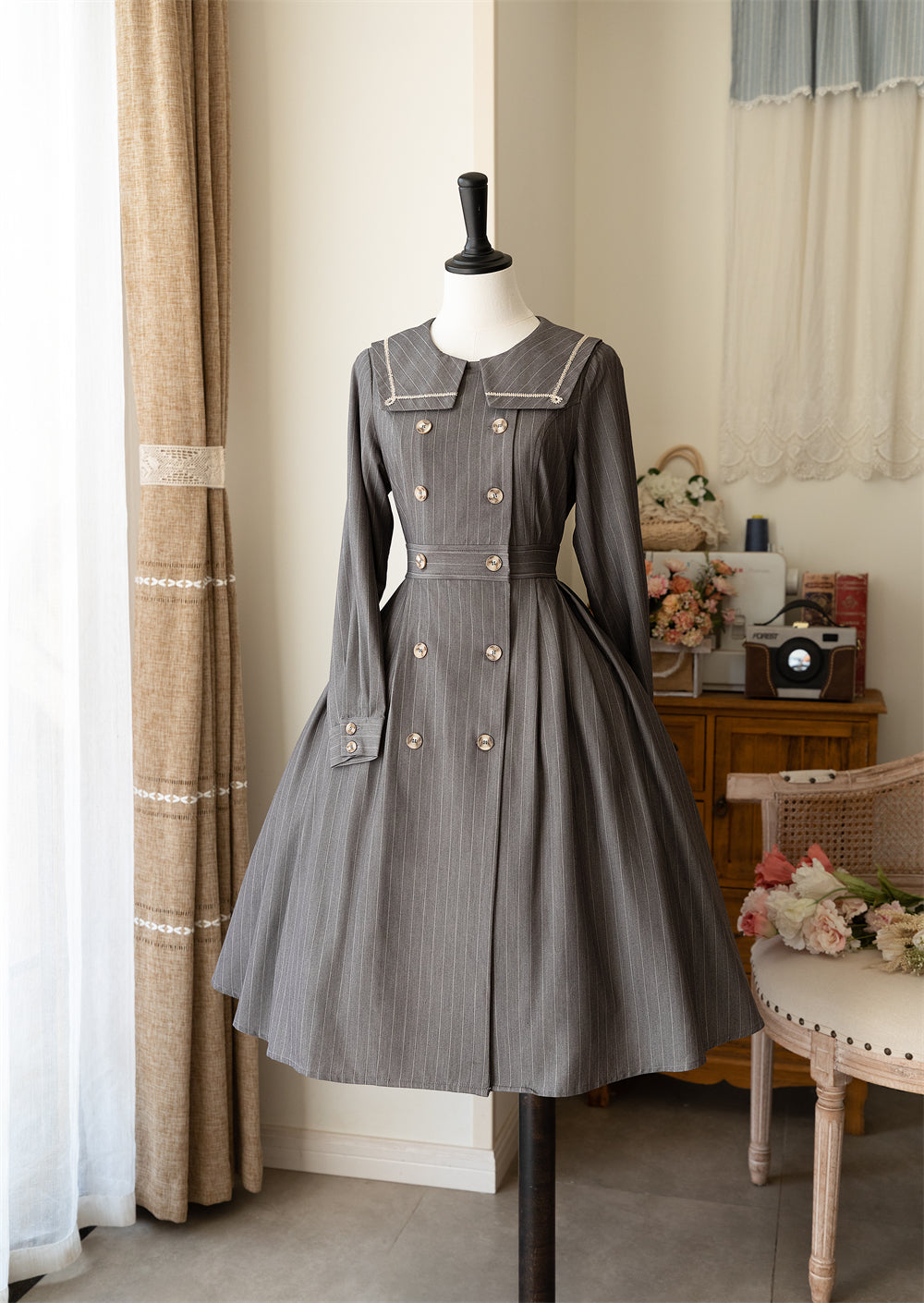 Forest Diary ストライプクラシカルコートワンピース リボンカチューシャ付き
