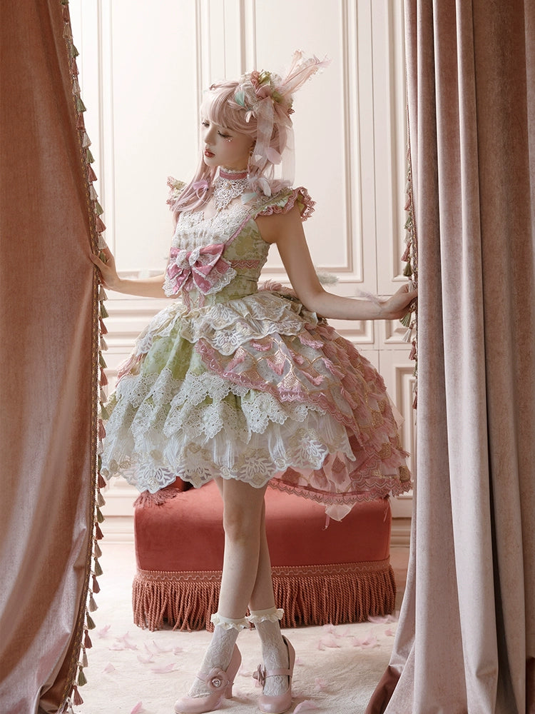 【受注予約6/18まで】Peacock Feather ミニドレス・ピンク×グリーン