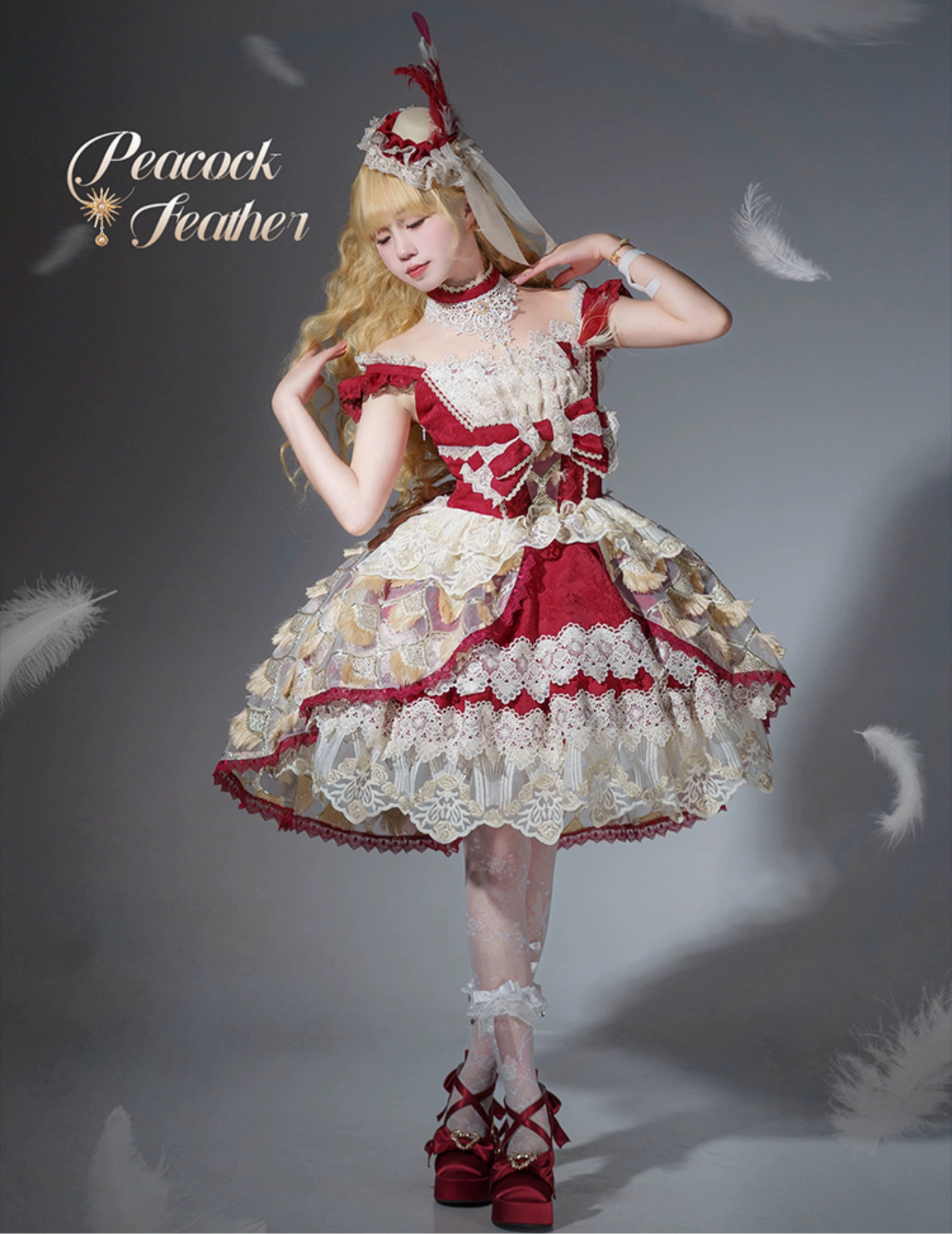 【受注予約6/18まで】Peacock Feather ミニドレス・レッド