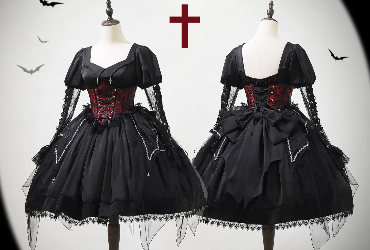 [Sale period ended] Gothic Lolita bat dress with red rose corset