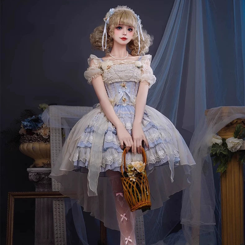 バラの涙 刺繍レースのミニ丈ジャンパースカート・サックス