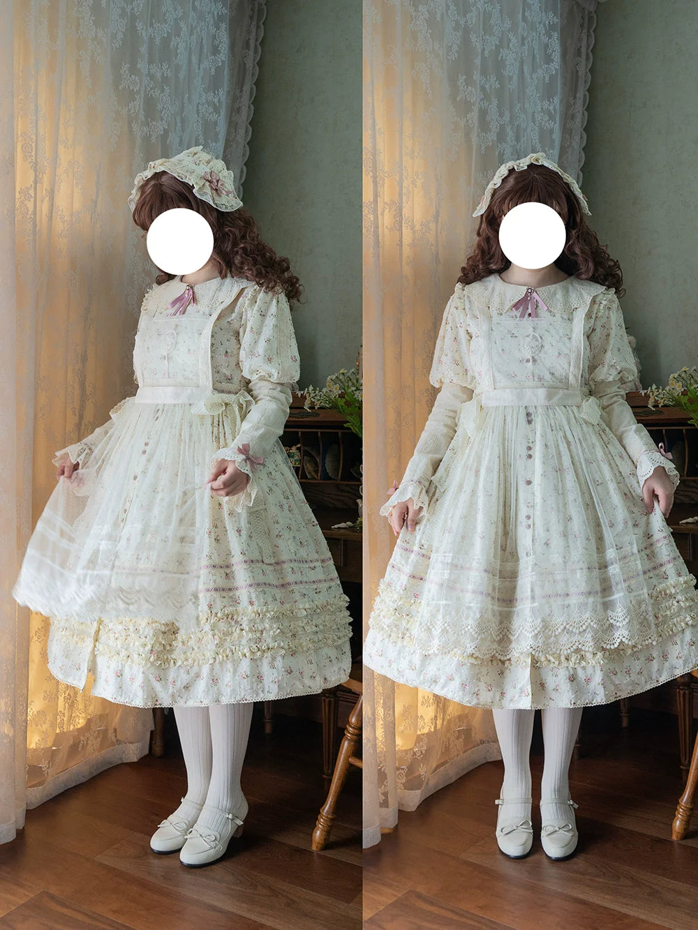【予約販売】Pink Flower 小花模様のボタン付コットンワンピース
