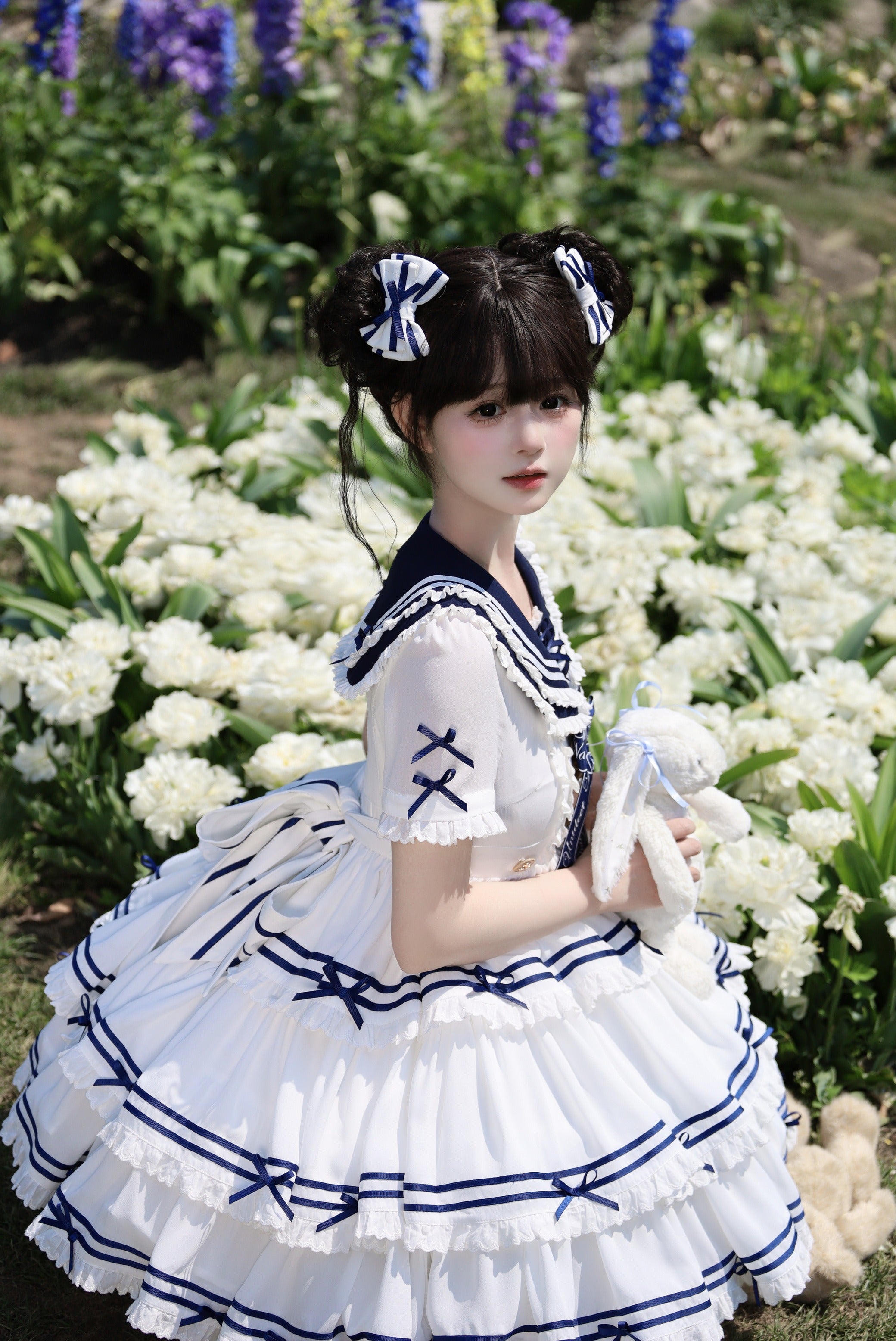 【受注予約4/28まで】セーラー襟と3段フリルの2wayマリンワンピース・ホワイト・ショート丈