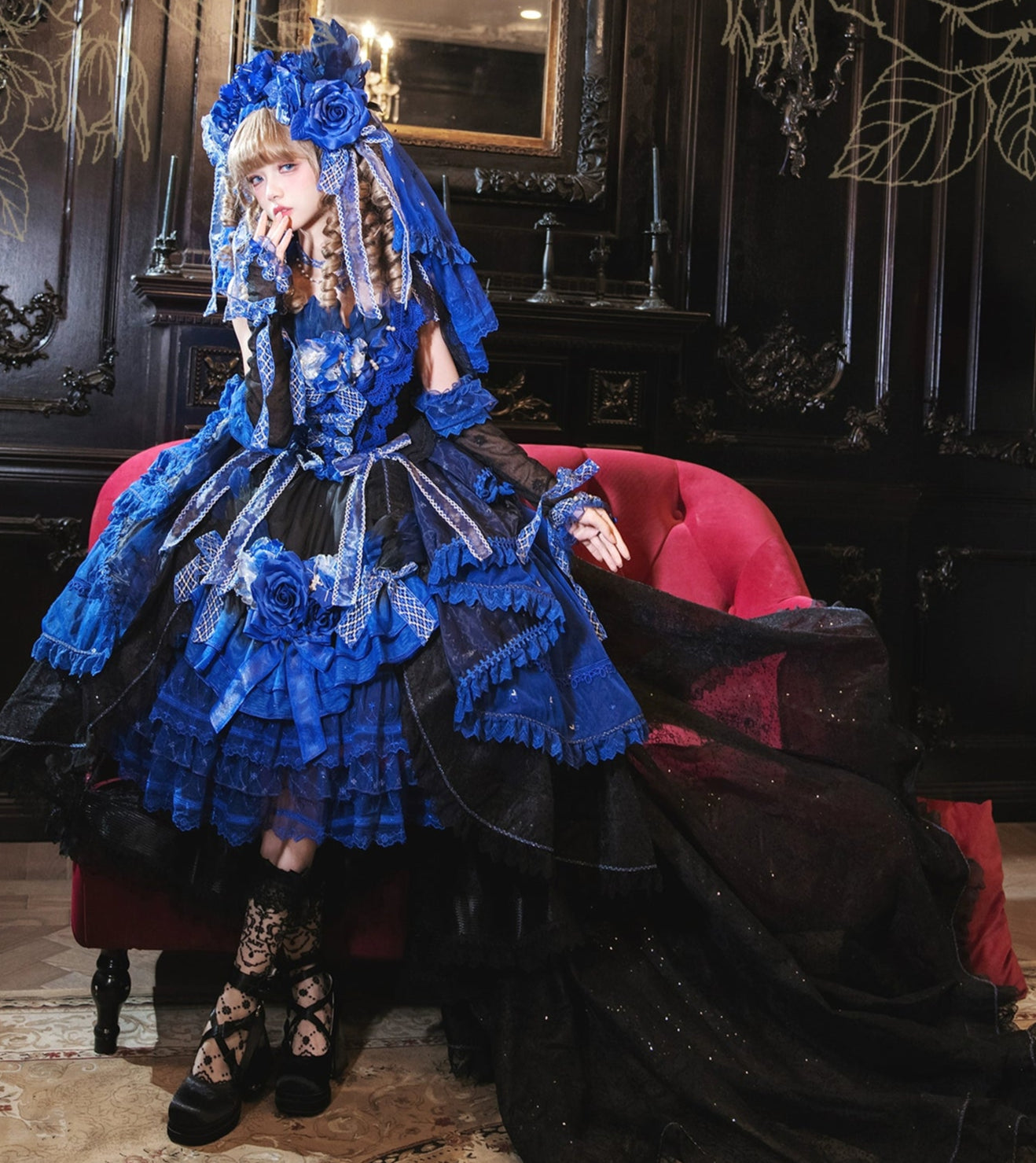 【受注予約8/13まで】Snow Rose Princess トレーン付きドレス・ブルー×ブラック（シルバー）