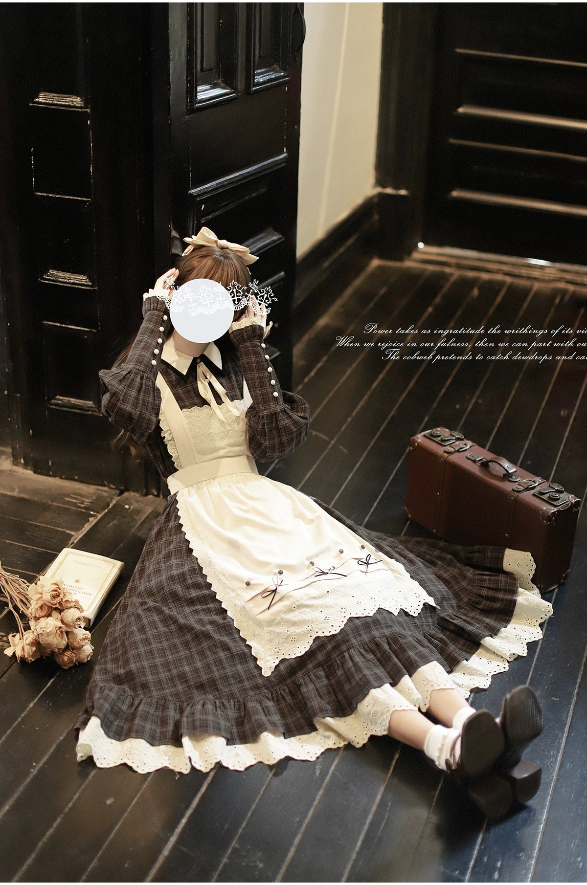 [Pre-order] Brown check retro dress with apron