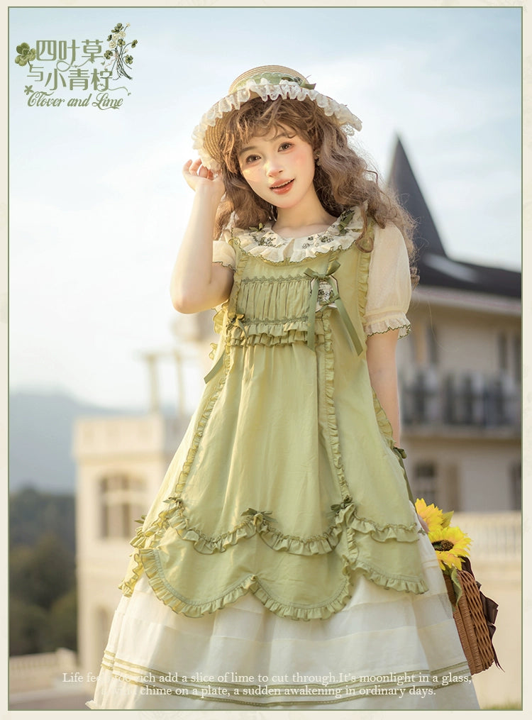 【受注予約5/18まで】Four Leaf Clover and Lime 刺繍襟のワンピース