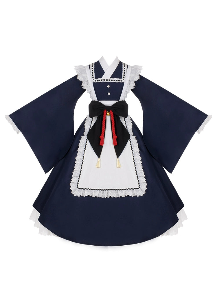 和風メイド ピンクとネイビーの和ロリドレス