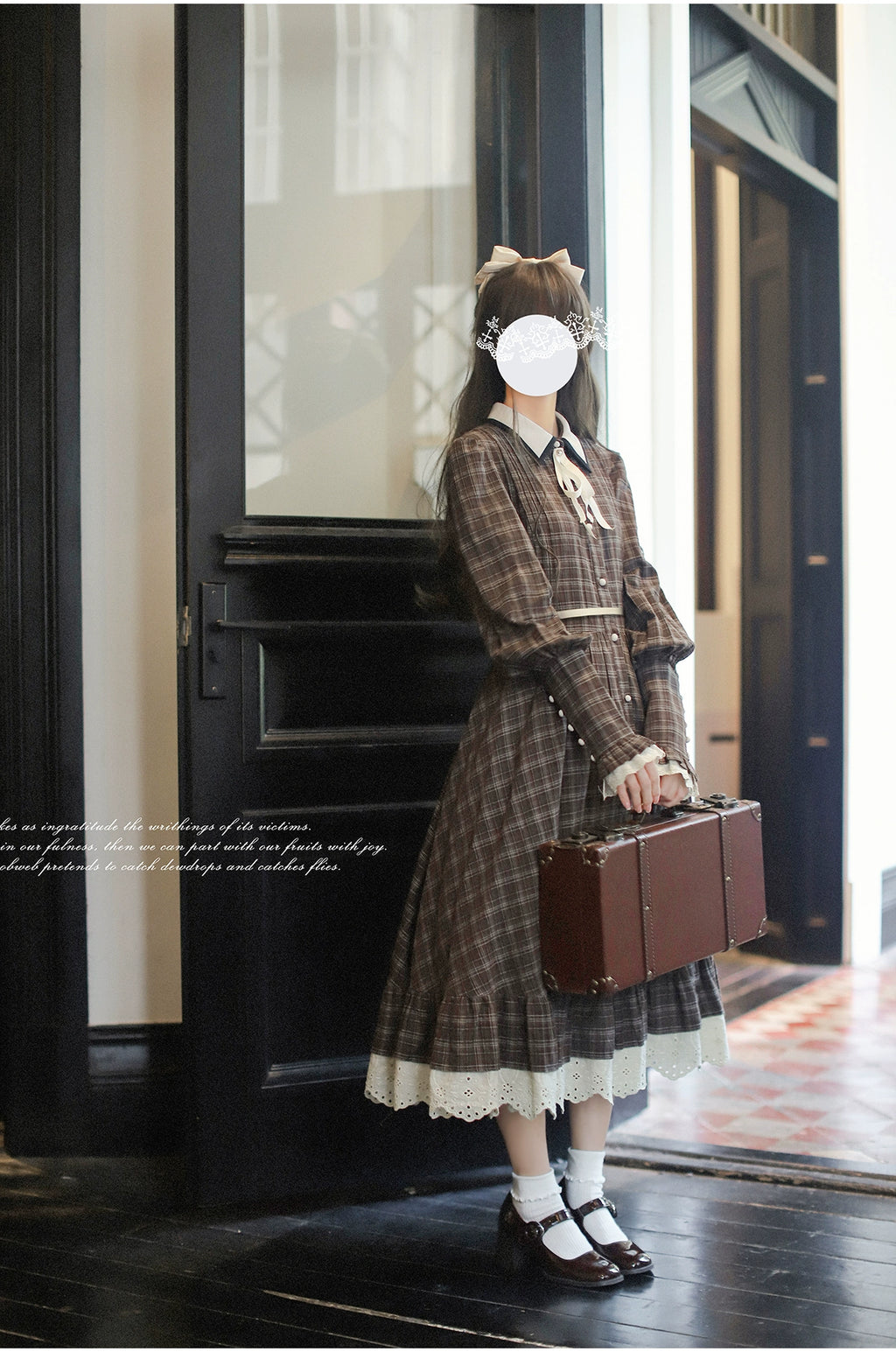 [Pre-order] Brown check retro dress with apron