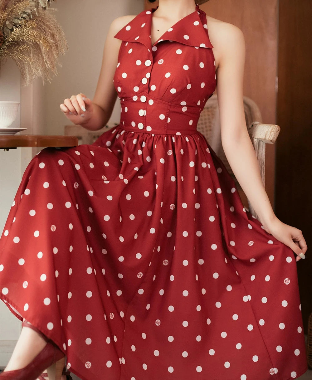 Afternoon Forest Retro Elegant Halter Neck Jumper Skirt with Hair Accessory