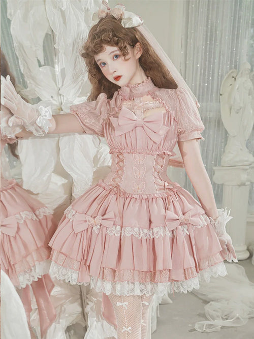 Baby Pink クロスリボンのコルセット風半袖ワンピース
