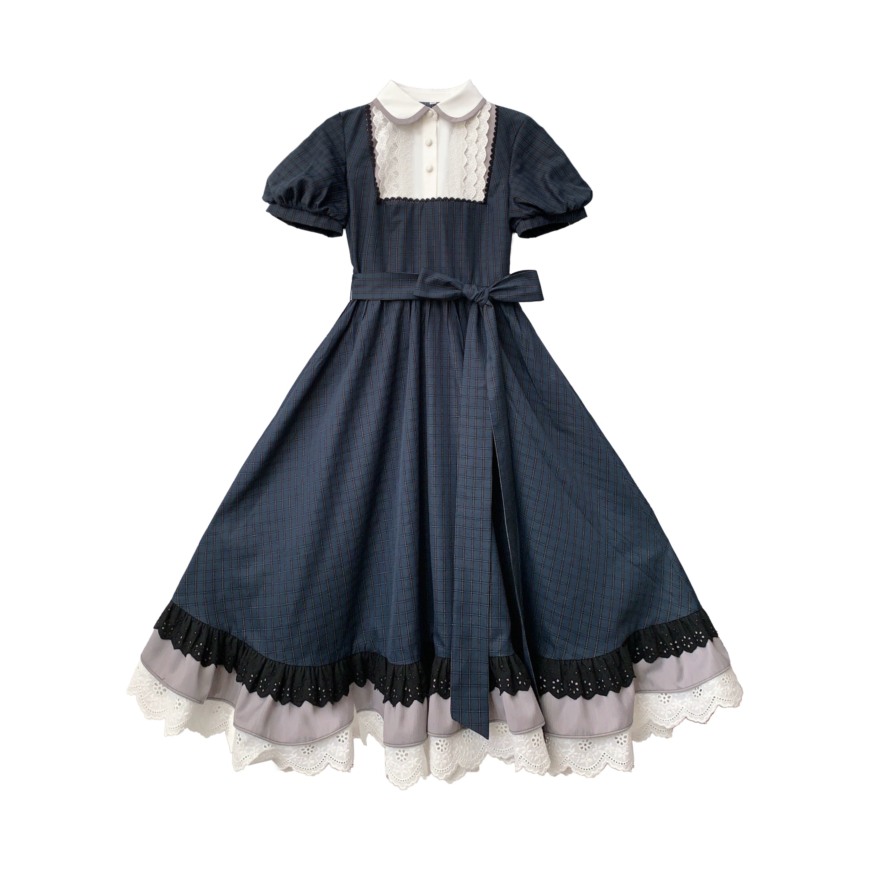【予約販売】Phyllis ネイビーチェックのエレガントレトロ半袖ワンピース