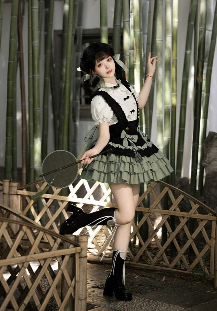 Exquisite Hanarori Mini Length Suspender Skirt Set