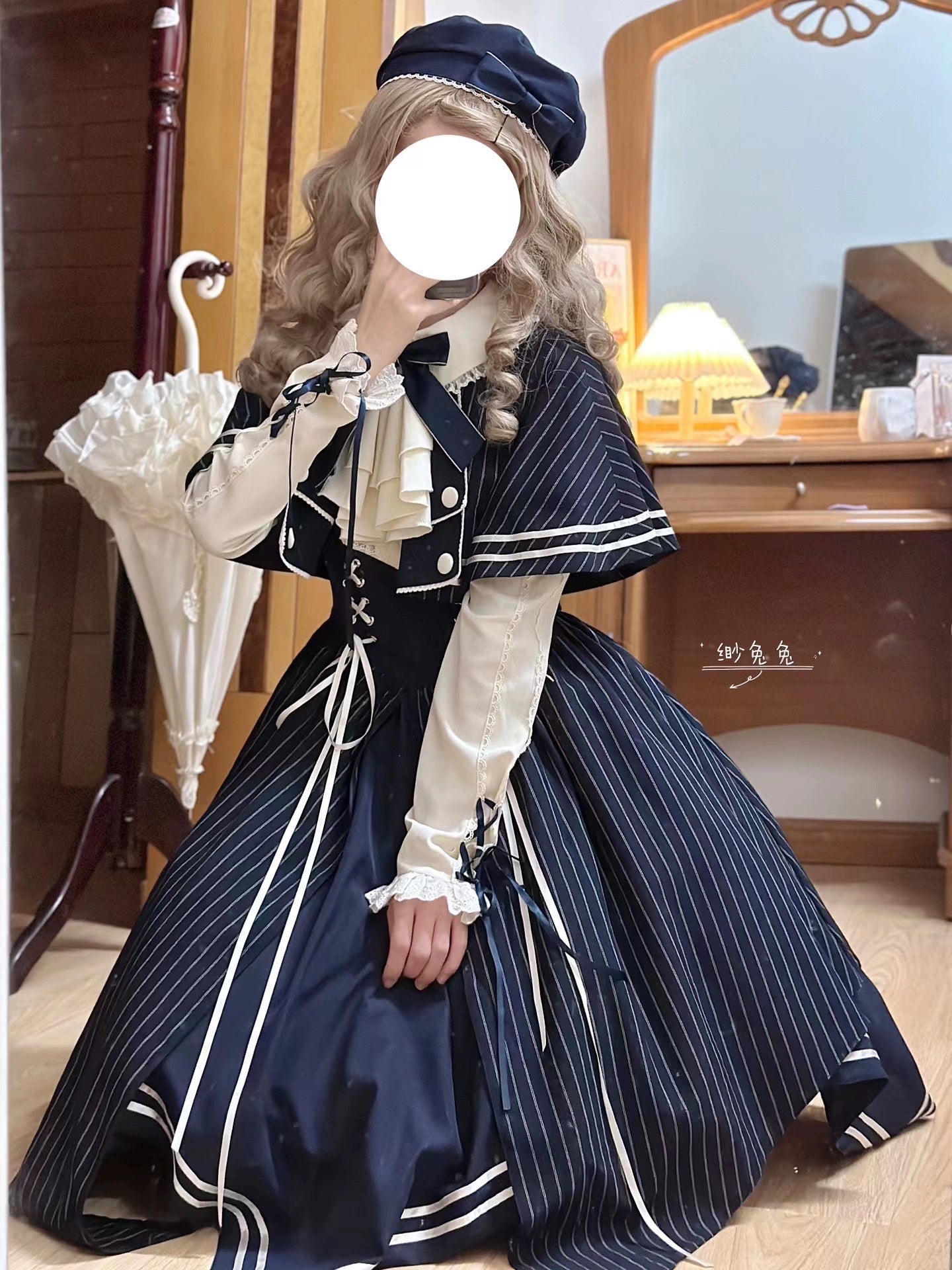[Sale period ended] Violet Garden navy striped dress, cape, and hat set