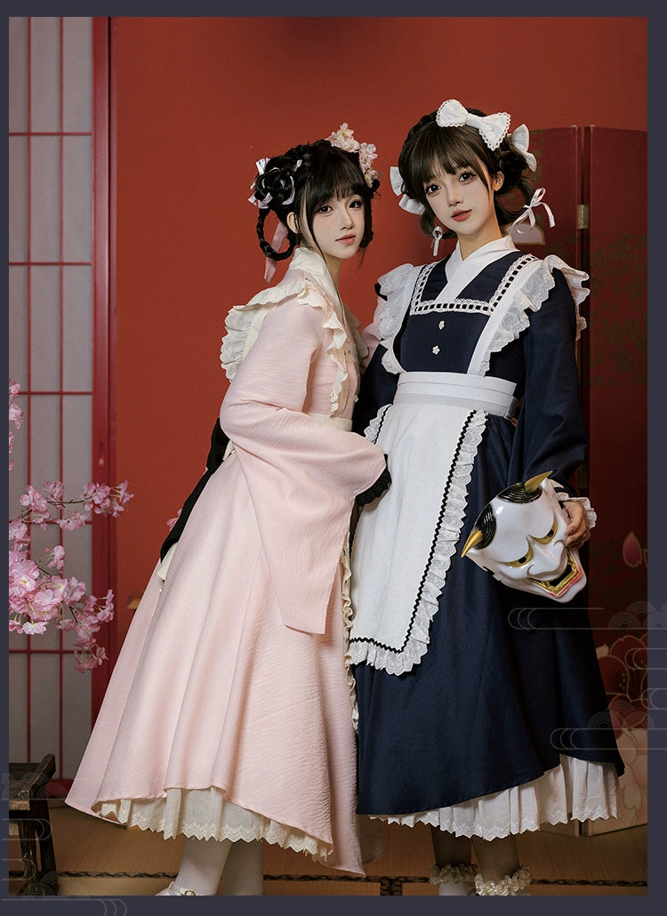 和風メイド ピンクとネイビーの和ロリドレス