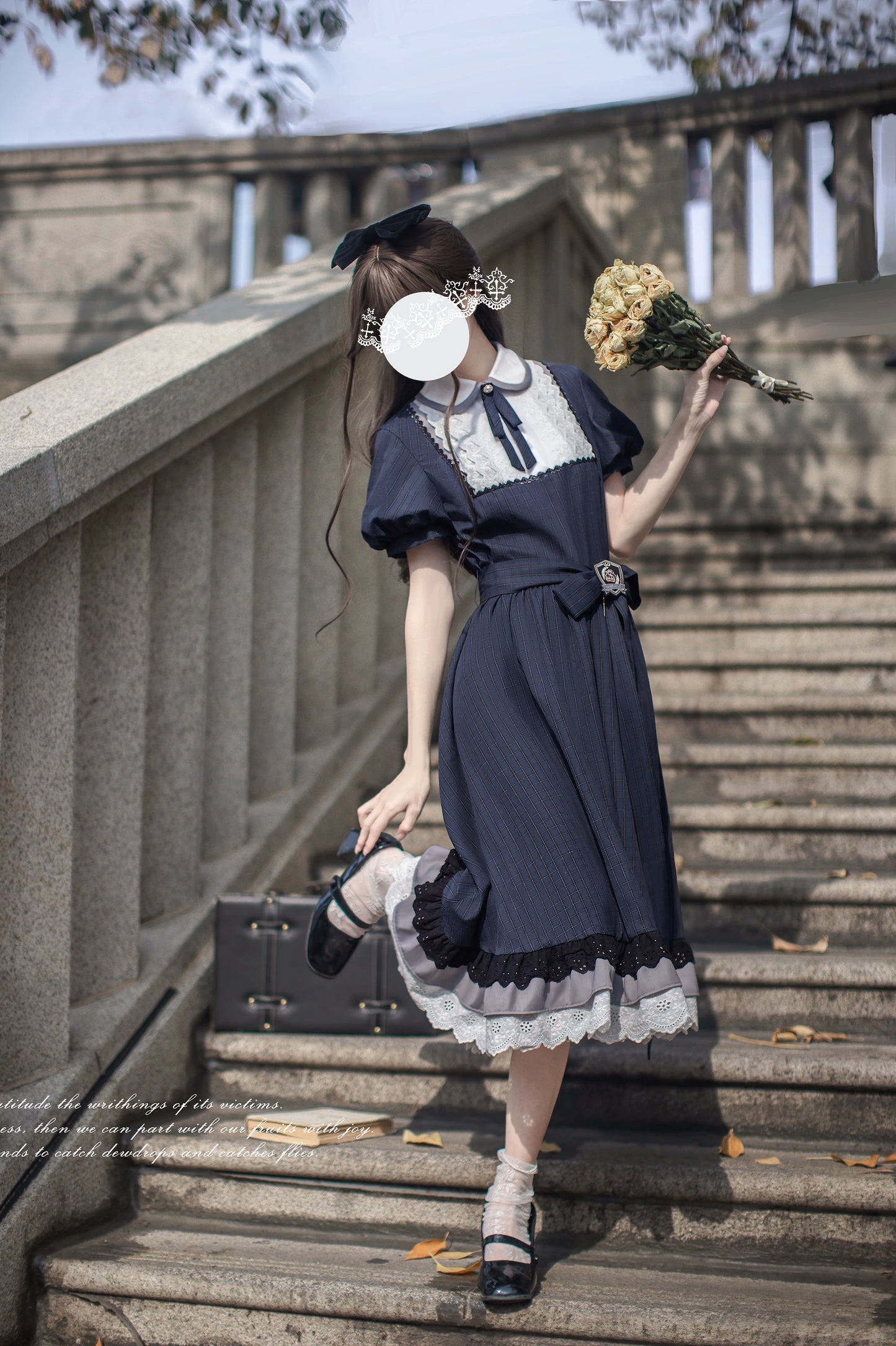 【予約販売】Phyllis ネイビーチェックのエレガントレトロ半袖ワンピース