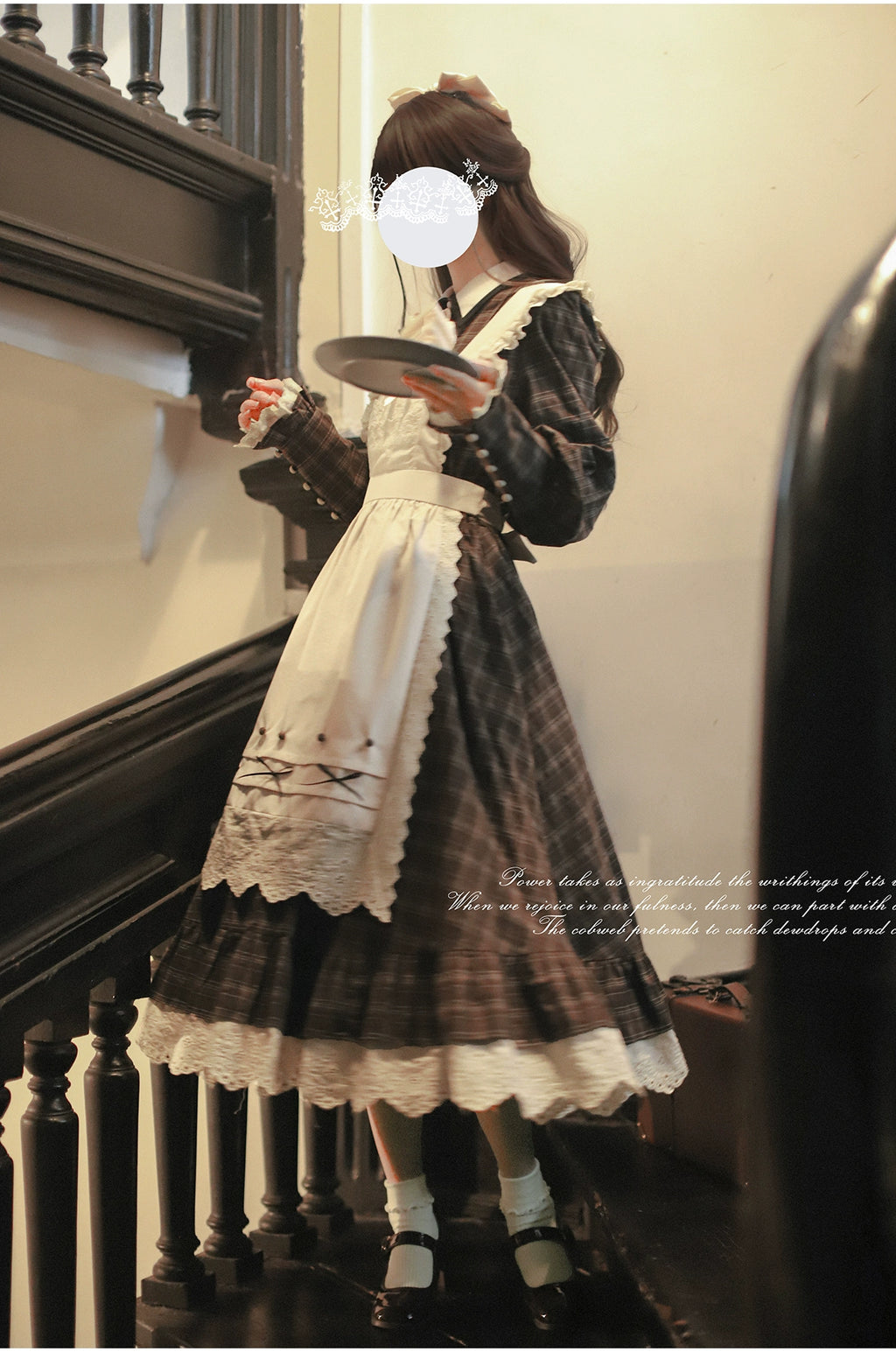[Pre-order] Brown check retro dress with apron