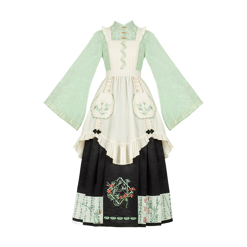 White green bamboo pattern double pocket apron dress