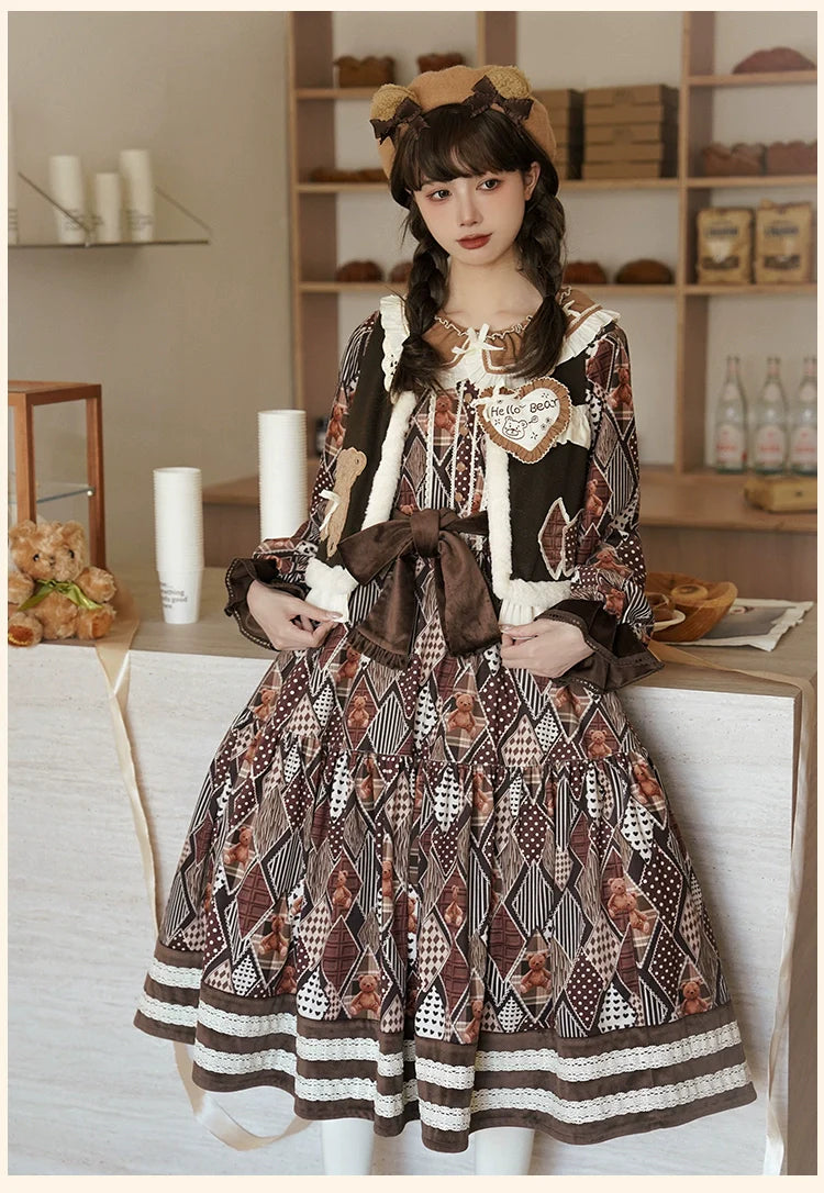 Hello Bear Diamond pattern dress and quilted vest