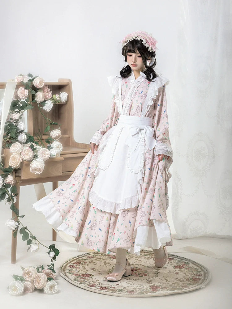 Hana Kikou Japanese Lolita Maid Style Apron Dress Long Length