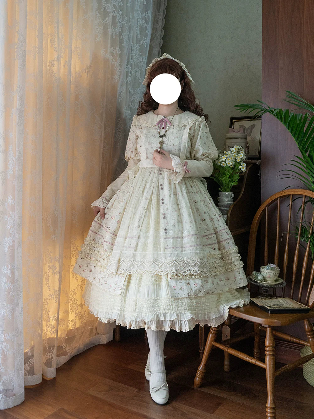 【予約販売】Pink Flower 小花模様のボタン付コットンワンピース