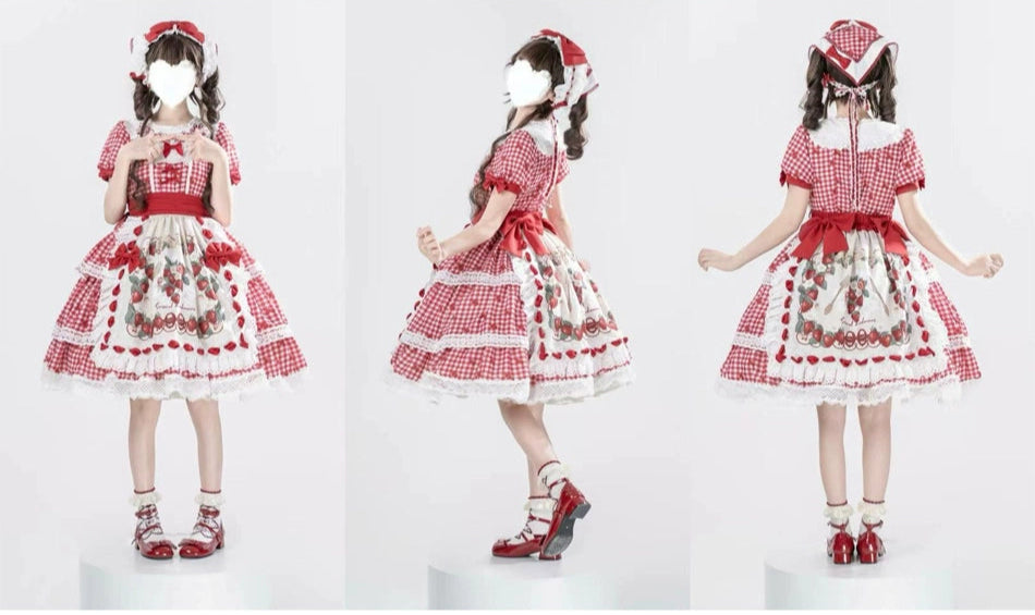 【受注予約8/18まで】Strawberry Sunshine Picnic カントリー風ワンピースとエプロン・ミドル丈
