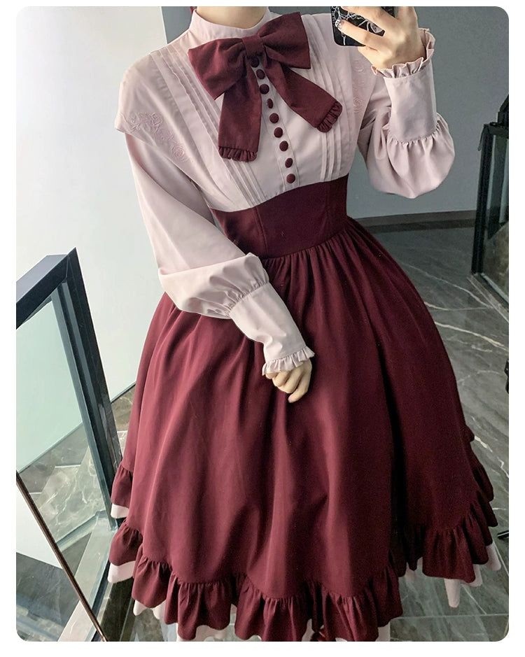 Rose red fake two-piece style dress