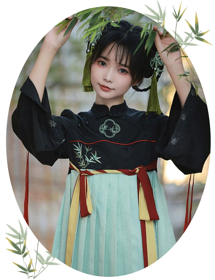 白緑 竹模様の漢服風フェイクツーピースドレス