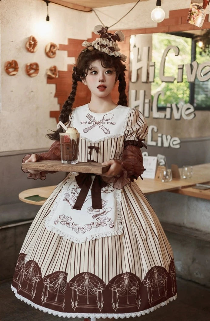 Afternoon tea striped short sleeve dress with arm sleeves and apron