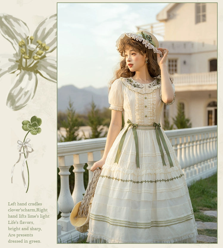 【受注予約5/18まで】Four Leaf Clover and Lime 刺繍襟のワンピース