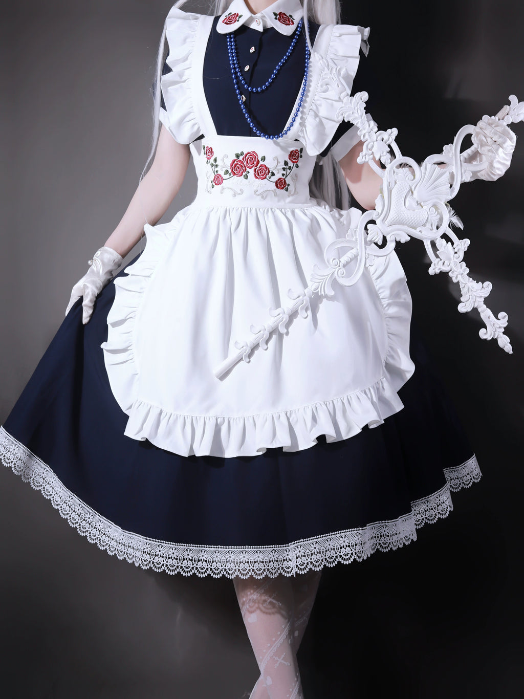 Maid-style dress with red rose embroidery and apron