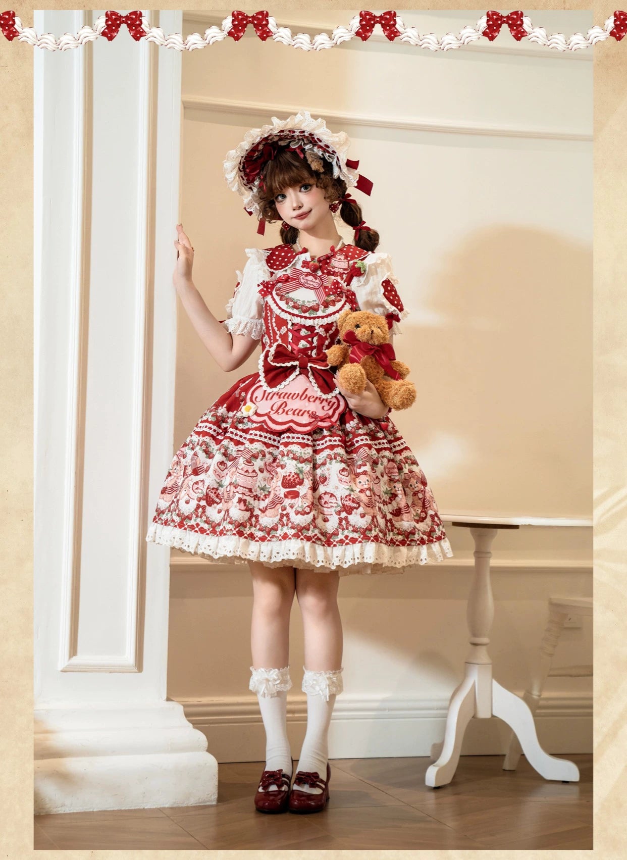 [Pre-orders available until 8/28] Bear Strawberry Garden Jumper Skirt 3-piece set