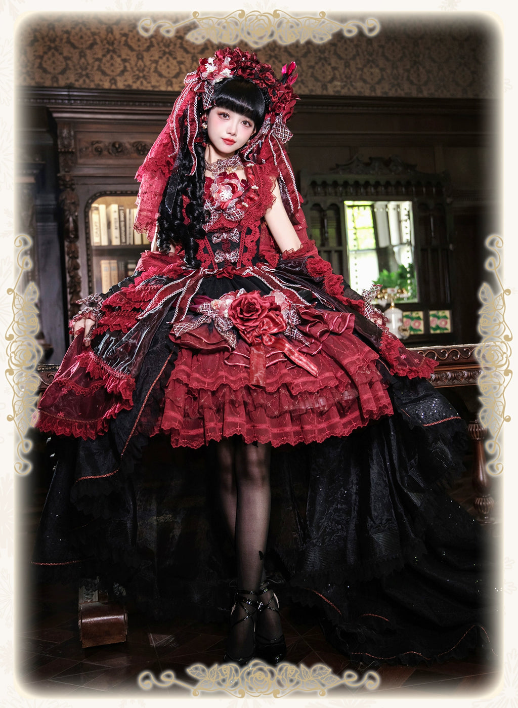 【受注予約8/13まで】Snow Rose Princess トレーン付きドレス・レッド×ブラック（シルバー）