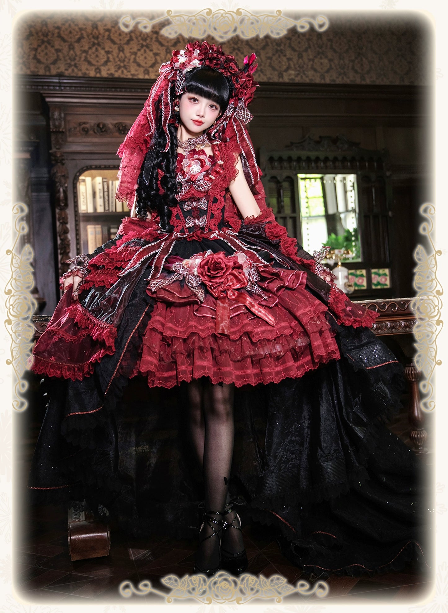 【受注予約8/13まで】Snow Rose Princess トレーン付きドレス・レッド×ブラック（シルバー）