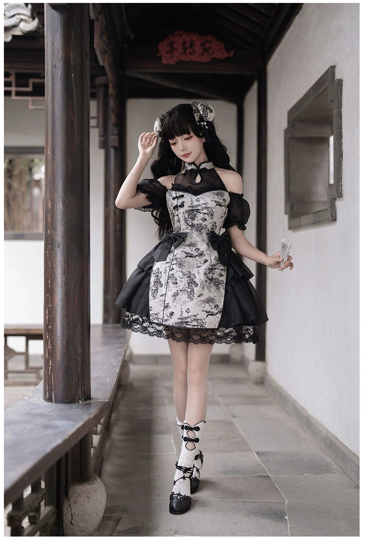 Moonlight Enshin Halter Neck Short Dress with Attached Sleeves