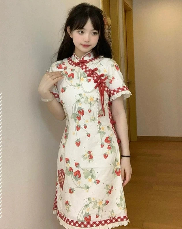 Strawberry Orchard Strawberry Chinese Dress Short Length