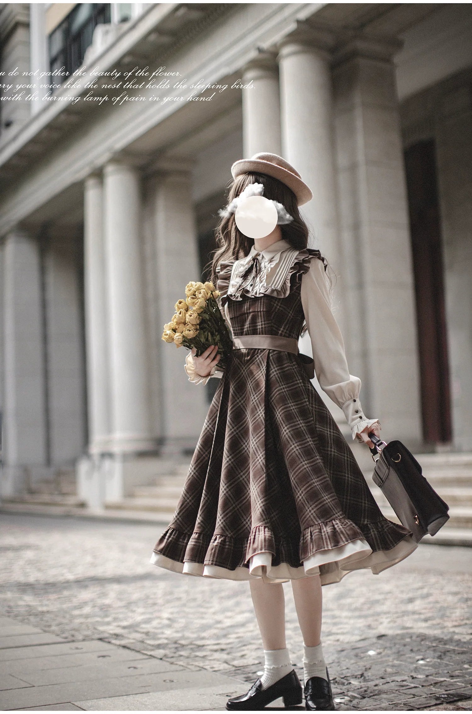 Tartan plaid pattern switching dress with ribbon tie