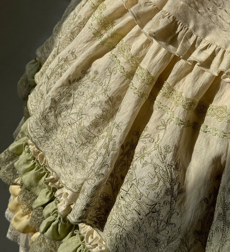 Fourteen-line poem: Lace and embroidered skirt