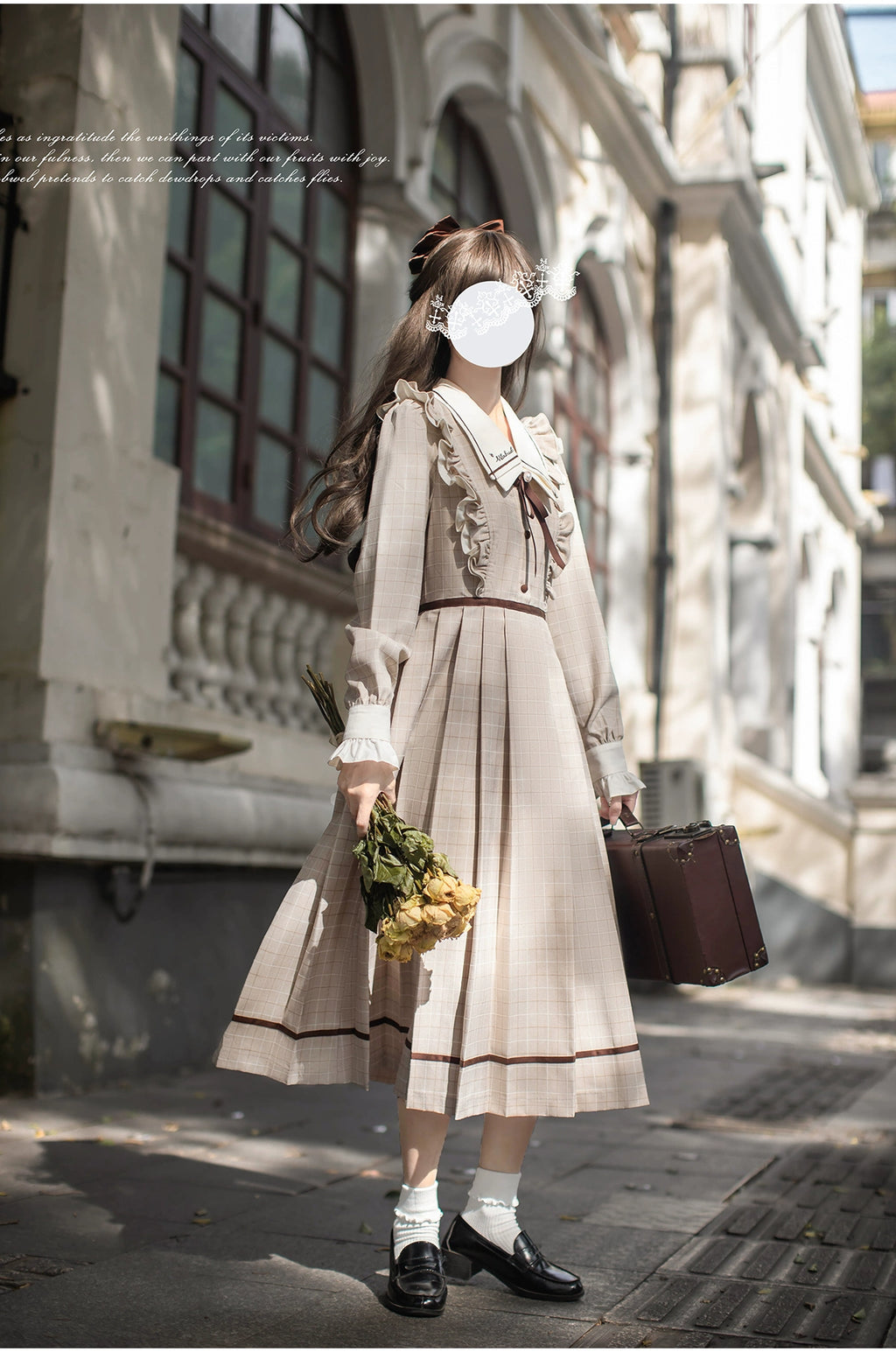 [Pre-order] Betty French Retro Beige Check Long Sleeve Dress